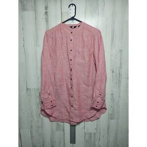 Land's End Women's Medium Collarless Linen Shirt Pink Button Up